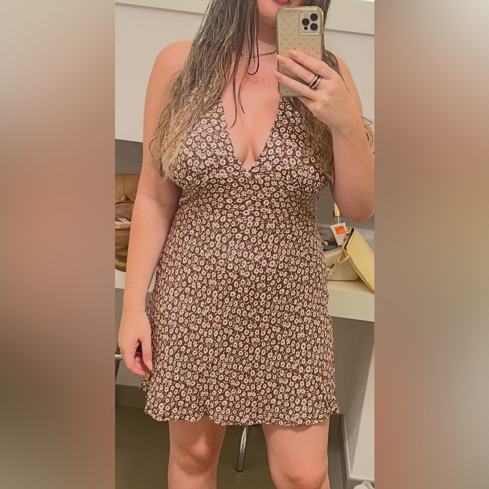 Cotton Candy Brown Floral Dress Halter Mini 90s Inspired